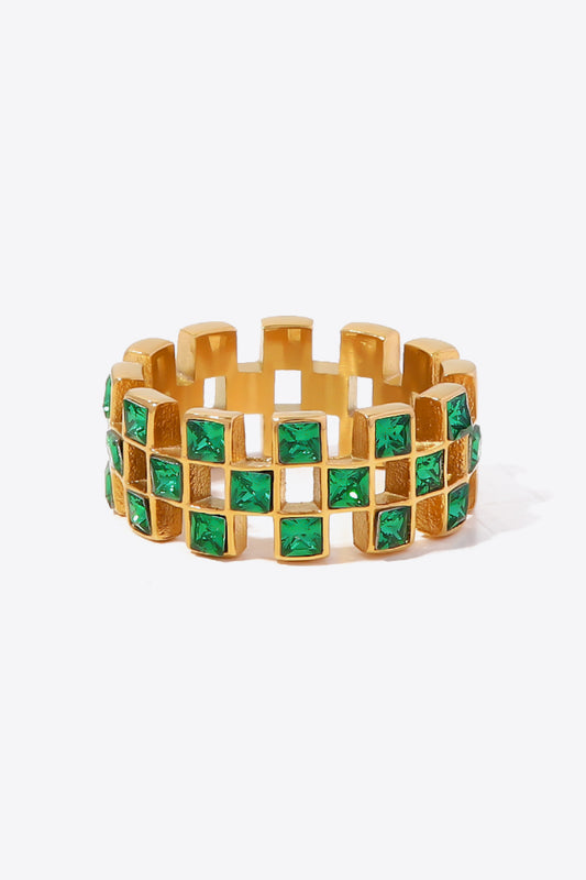 Geometric Gold Plated Ring with Green Accents